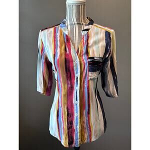 GRACILA Colorful Abstract Stripe Roll Tab Blouse Top Size Large